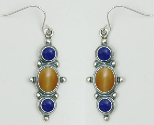 Sterling Silver Drop Dangle Earrings With Cat's Eye And Lapis Lazuli